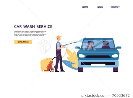 Car washing website banner with man doing car wash, flat vector illustration. Car washing website banner with man doing car wash, flat vector illustration. 70933672