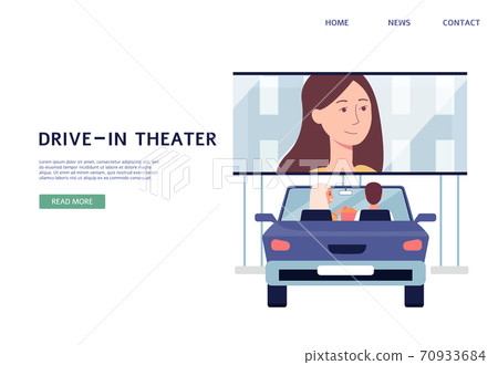 Open air cinema site with couple at in-drive cinema, flat vector illustration. 70933684