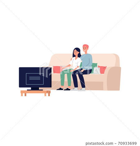 Couple watching movie at home on comfortable sofa, flat vector illustration. Couple watching movie at home on comfortable sofa, flat vector illustration. 70933699