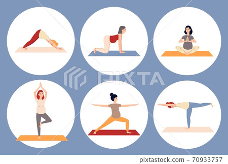 Circle banners with pregnant women doing yoga flat vector illustration isolated. 70933757