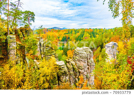 Colorful autumn landscape and sandstone rocks 70933779