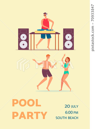 Pool party invitation card with DJ holds music party, flat vector illustration. Pool party invitation card with DJ holds music party, flat vector illustration. 70933847