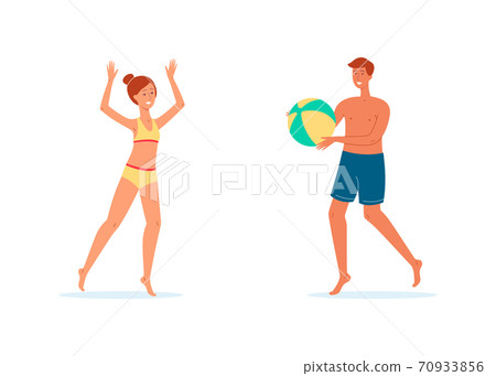 Guy and girl in swimsuits playing with ball a vector flat isolated illustration. Guy and girl in swimsuits playing with ball a vector flat isolated illustration. 70933856