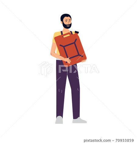 Repair man holding can with gasoline, flat cartoon vector illustration isolated Repair man holding can with gasoline, flat cartoon vector illustration isolated 70933859