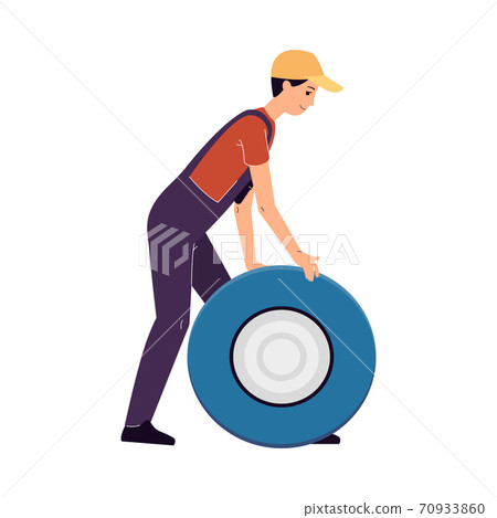 Auto mechanic rolling car wheel, flat vector illustration isolated on white. Auto mechanic rolling car wheel, flat vector illustration isolated on white. 70933860