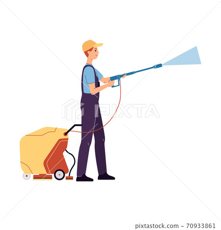 Car service worker washes a car with machine, flat vector illustration isolated. Car service worker washes a car with machine, flat vector illustration isolated. 70933861