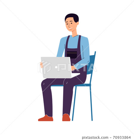 Repairman making diagnostic with laptop flat vector illustration isolated. 70933864