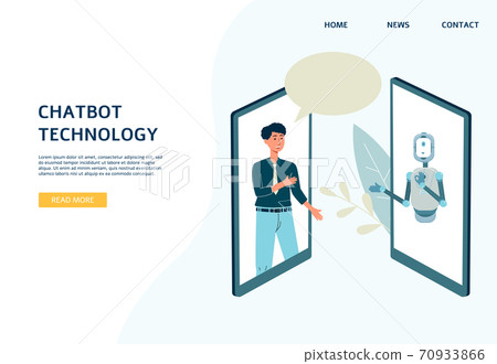 Chatbot technology website banner with robot android flat vector illustration. Chatbot technology website banner with robot android flat vector illustration. 70933866