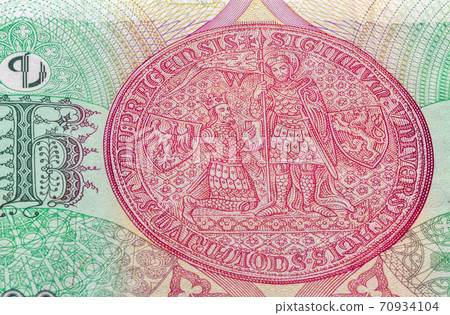 100 Czech crowns banknote reverse closeup with seal of Charles University 100 Czech crowns banknote reverse closeup with seal of Charles University 70934104