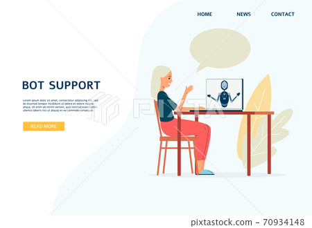 Bot support web page with woman chatting with chatbot, flat vector illustration. 70934148