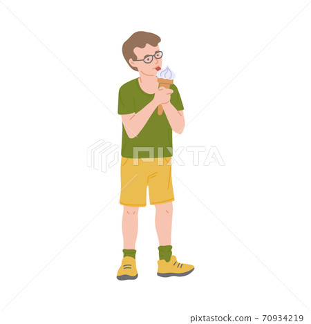 Happy boy in summer clothing eating ice cream flat vector illustration isolated. Happy boy in summer clothing eating ice cream flat vector illustration isolated. 70934219