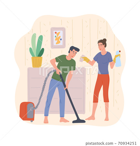 Woman and man cleaning house together, flat vector illustration isolated. Woman and man cleaning house together, flat vector illustration isolated. 70934251