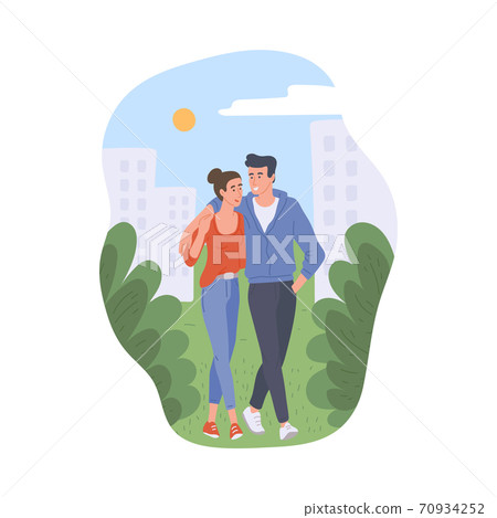 Loving hugging bonding couple has romantic walk a vector flat illustration Loving hugging bonding couple has romantic walk a vector flat illustration 70934252