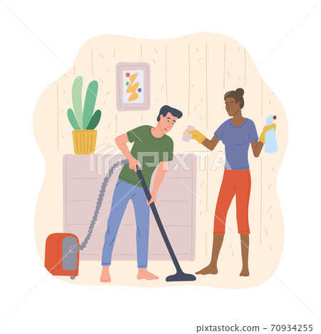 Couple doing household chores together, flat vector illustration isolated. 70934255