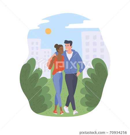 Cute couple walking in city park in nature, flat cartoon vector illustration Cute couple walking in city park in nature, flat cartoon vector illustration 70934256