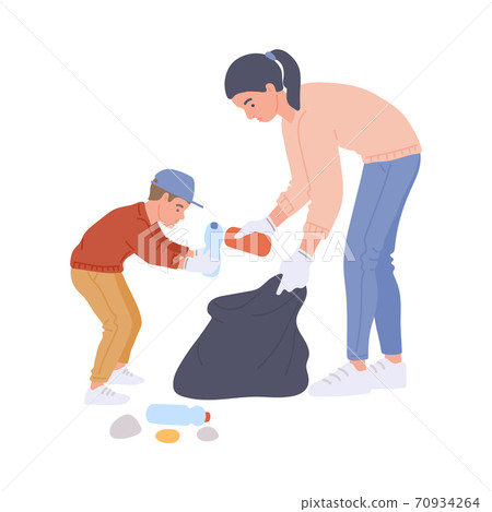 Volunteers mother and child collecting trash flat vector illustration isolated. Volunteers mother and child collecting trash flat vector illustration isolated. 70934264