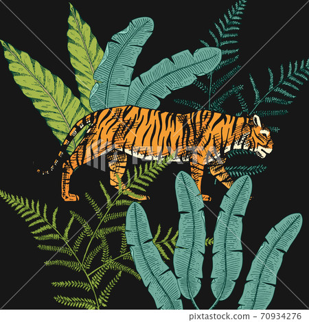 Japanese tigers with tropical leaves. Wild animal with green plants. Banner or poster for Japanese tigers with tropical leaves. Wild animal with green plants. Banner or poster for 70934276
