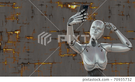 Cyborg girl with smartphone concept on techno background 3d illustration Cyborg girl with smartphone concept on techno background 3d illustration 70935732