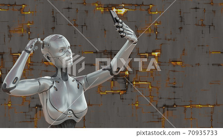 Cyborg girl with smartphone concept on techno background 3d illustration Cyborg girl with smartphone concept on techno background 3d illustration 70935733