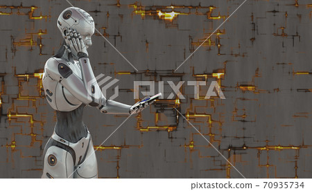 Cyborg girl with smartphone concept on techno background 3d illustration 70935734