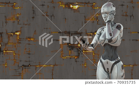 Cyborg girl with smartphone concept on techno background 3d illustration Cyborg girl with smartphone concept on techno background 3d illustration 70935735