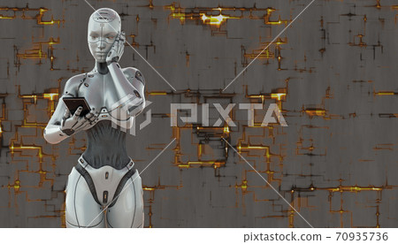 Cyborg girl with smartphone concept on techno background 3d illustration Cyborg girl with smartphone concept on techno background 3d illustration 70935736