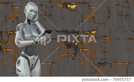 Cyborg girl with smartphone concept on techno background 3d illustration Cyborg girl with smartphone concept on techno background 3d illustration 70935737