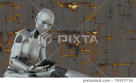 Cyborg girl with smartphone concept on techno background 3d illustration Cyborg girl with smartphone concept on techno background 3d illustration 70935738