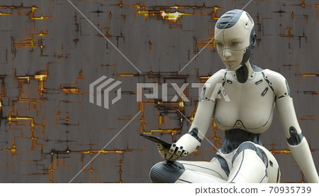 Cyborg girl with smartphone concept on techno background 3d illustration Cyborg girl with smartphone concept on techno background 3d illustration 70935739