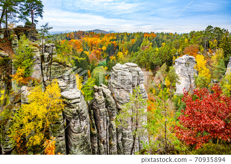 Colorful autumn landscape and sandstone rocks 70935894