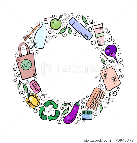 Round frame with hand drawn Zero Waste objects. The object is separate from the background. Round frame with hand drawn Zero Waste objects. The object is separate from the background. 70943378