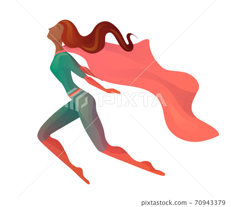 Illustration of a flying African American super woman in costume with cloak. Elegant textural stylization of the girl. Illustration of a flying African American super woman in costume with cloak. Elegant textural stylization of the girl. 70943379