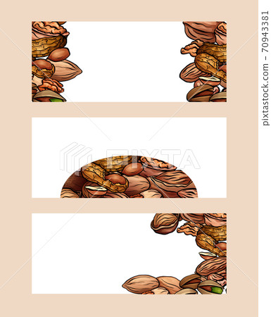 Set of horizontal banners with colored cartoon nuts. Objects separate from the background. Vector template 70943381