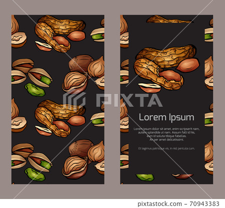 Vertical double sided banners with colored cartoon nuts on dark background and place for the text on white background. Peanuts, hazelnut, pistachios. Vector template Vertical double sided banners with colored cartoon nuts on dark background and place for the text on white background. Peanuts, hazelnut, pistachios. Vector template 70943383