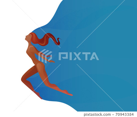 Template with illustration of a flying African American woman in modern style. Elegant textural stylization of the girl. Vector element 70943384