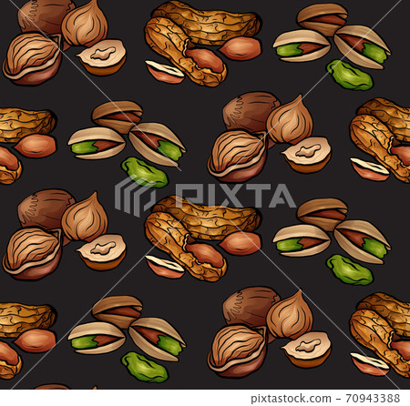Seamless pattern with colored cartoon nuts on dark background. Peanuts, hazelnut, pistachios. Vector texture Seamless pattern with colored cartoon nuts on dark background. Peanuts, hazelnut, pistachios. Vector texture 70943388