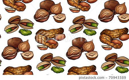 Seamless pattern with colored cartoon nuts on a white background. Peanuts, hazelnut, pistachios. Vector texture Seamless pattern with colored cartoon nuts on a white background. Peanuts, hazelnut, pistachios. Vector texture 70943389