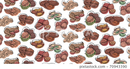 Seamless pattern with contour drawings of various types of nuts with colored spots on white background. Vector texture Seamless pattern with contour drawings of various types of nuts with colored spots on white background. Vector texture 70943390