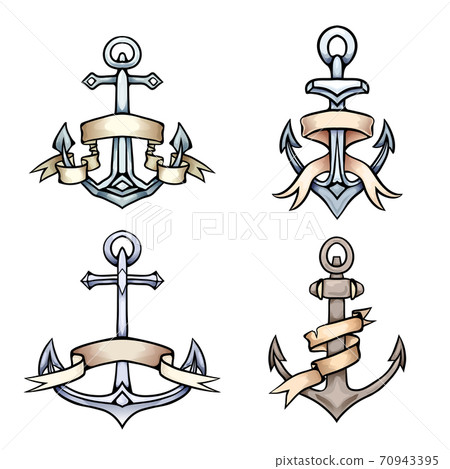 Set of vintage multicolored cartoon anchors with paper ribbon. Hand drawn illustration. 70943395