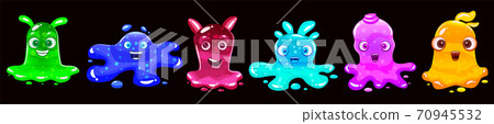 Set Slime jelli monsters characters, liquid yellow green red cyan violet blue creatures. Funny cute cartoon vector illustration on black background Set Slime jelli monsters characters, liquid yellow green red cyan violet blue creatures. Funny cute cartoon vector illustration on black background 70945532