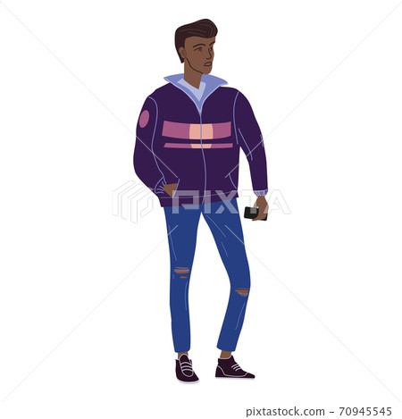 Young black man student in modern autumn trendy clothes. Fashion casual outerwear street style character. Flat cartoon style vector isolated illustration 70945545