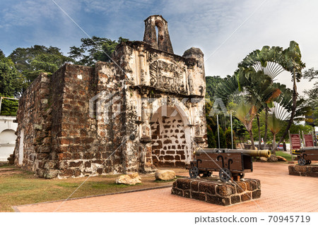 Historic ruins A Famosa is ancient Portuguese fortress. Popular tourism destination in Malacca. No people. Historic ruins A Famosa is ancient Portuguese fortress. Popular tourism destination in Malacca. No people. 70945719