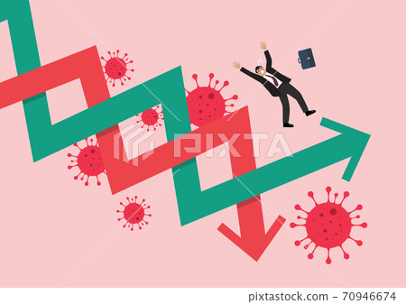 Businessman losing his balance on stock market graph due to COVID-19 pandemic Businessman losing his balance on stock market graph due to COVID-19 pandemic 70946674