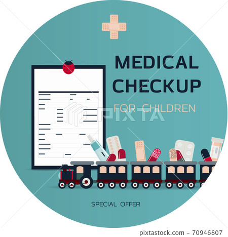 Medical poster with medicines, test tubes and a thermometer. Advertising online pharmacies or remote medical consultations for adults and children. Medical checkup and blood test results for the virus 70946807