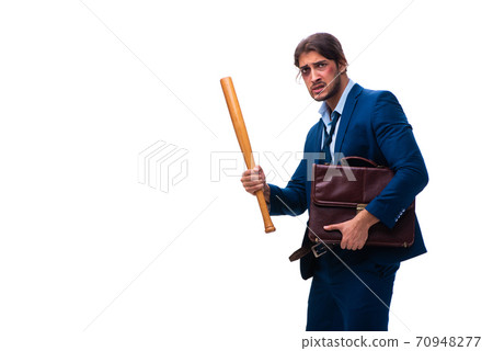 Young male employee holding baseball bat isolated on white Young male employee holding baseball bat isolated on white 70948277