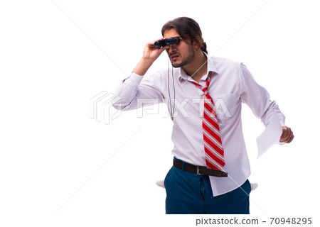 Young male employee holding binoculars and paper Young male employee holding binoculars and paper 70948295