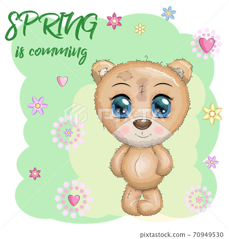 Cute bear with big eyes and a bouquet of flowers, Spring is coming Cute bear with big eyes and a bouquet of flowers, Spring is coming 70949530