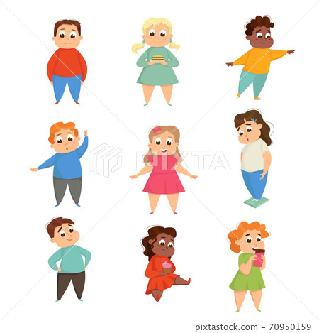 Overweight Girls and Boys, Cheerful Plump Kids Doing Sports Exercises and Eating Fast Food Cartoon Style Vector Illustration Overweight Girls and Boys, Cheerful Plump Kids Doing Sports Exercises and Eating Fast Food Cartoon Style Vector Illustration 70950159
