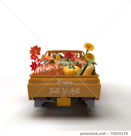 3d render. Vintage Harvest Truck orange car with pumpkins. Thanksgiving day 3d render. Vintage Harvest Truck orange car with pumpkins. Thanksgiving day 70950176
