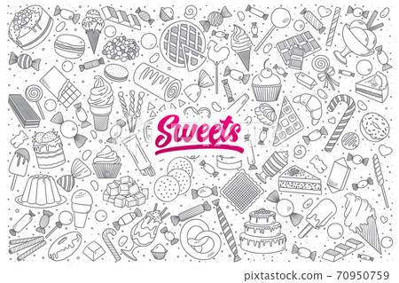 Sweets doodle set with bright lettering 70950759